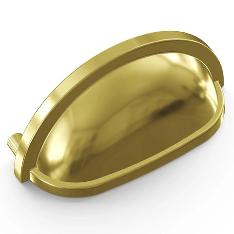 10 Pack Solid Core Polished Brass Cabinet Pulls 3 Inch Hole Center Kitchen Cup Handles Heavy Duty Drawer Knobs For Bedroom Bathroom Vanity Furniture Hardware showing polished brass finish from an angled view.