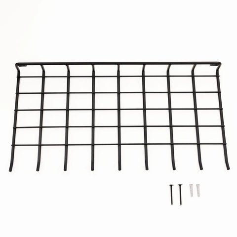 Legit Heavy Duty Wall Mounted Wire Shelf Rack With Nine Sturdy Hooks For Hauling Brooms Mops And Cleaning Gear, black wire shelf and mounting screws.