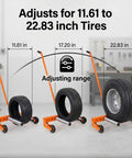 Adjustable Heavy Duty Tire Wheel Dolly Featuring A Rock Solid 500 Lb Capacity Galvanized Steel Build showing 11.61 to 22.83 inch tire adjustment.