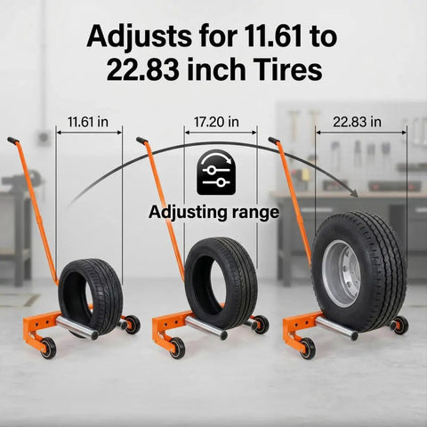 Adjustable Heavy Duty Tire Wheel Dolly Featuring A Rock Solid 500 Lb Capacity Galvanized Steel Build showing 11.61 to 22.83 inch tire adjustment.