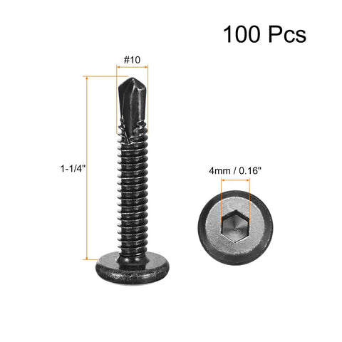 100 Pcs Hex Socket Self Tapping Screws Grab Bag Number Ten By 1.25 Inches 410 Stainless Steel with a hex drive for heavy-duty use.