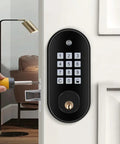 Heavy Duty Keyless Entry Door Lock Featuring Self Locking Function And Secure Electronic Keypad With Antipeep Code Lock installed on a door.