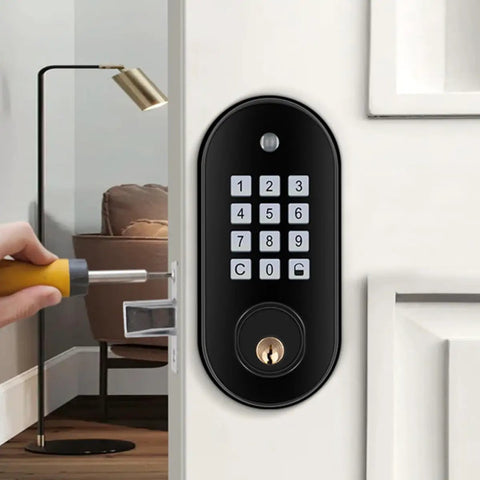 Heavy Duty Keyless Entry Door Lock Featuring Self Locking Function And Secure Electronic Keypad With Antipeep Code Lock installed on a door.