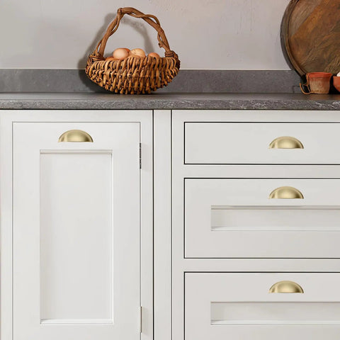 10 Pack 3 Inch Four Center Gold Drawer Pulls With Brushed Brass Cup Handles For Kitchen Cabinets on white kitchen furniture.