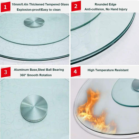 Close-up of Large 43 Inch Lazy Susan Tempered Glass Turntable For Dining Table showing rounded edges and aluminum base details.
