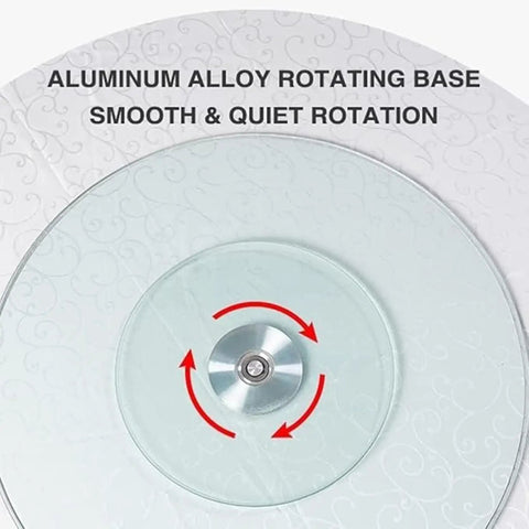 Close-up of aluminum alloy rotating base for Thick Tempered Glass Lazy Susan Turntable For Parties And Weddings Straight Up Smooth 360 Degree Rotating Serving Tray With Silent Swivel Base Heavy Duty Kitchen Essentials.