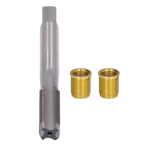 Pro Grade Thread Repair Kit With High Speed Steel Tap And Stainless Inserts M12 X 1.25 And M14 X 1.25 showing tap and two inserts