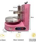 Portable Adjustable Cake Icing Machine with automatic decorating and scraping tool, 4 to 12 inch cakes, pink, side view.
