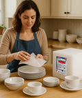 Woman packing dishes using Top Shelf Foam Packing Sheets 100 Pack 12X12 Inch 1/16 Thick Polyethylene Non Abrasive Dust Free Protective Padding For Moving Shipping Storage Heavy Duty Cushioning Boxes And Totes.
