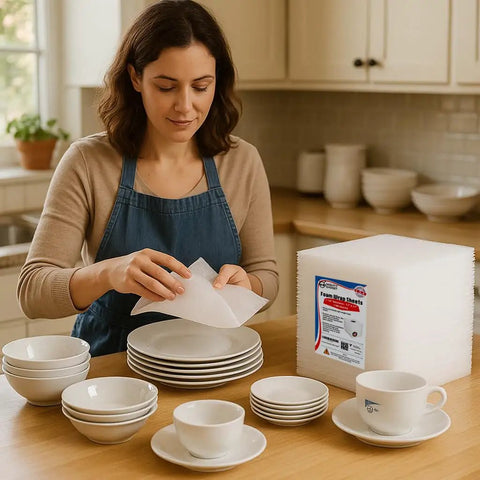 Woman packing dishes using Top Shelf Foam Packing Sheets 100 Pack 12X12 Inch 1/16 Thick Polyethylene Non Abrasive Dust Free Protective Padding For Moving Shipping Storage Heavy Duty Cushioning Boxes And Totes.