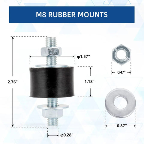M8 Rubber Shock Absorber Mounts 40X30mm shown with dimensions, hex nuts, and zinc hardware for anti-vibration use.