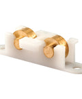 Top Tier Sliding Window Tandem Roller Assembly With 3/8 Inch Flat Brass Wheels And White Nylon Mounts For No Fuss Horizontal Slider Upgrades Two Piece Bundle, close-up view of brass wheels on nylon mount.