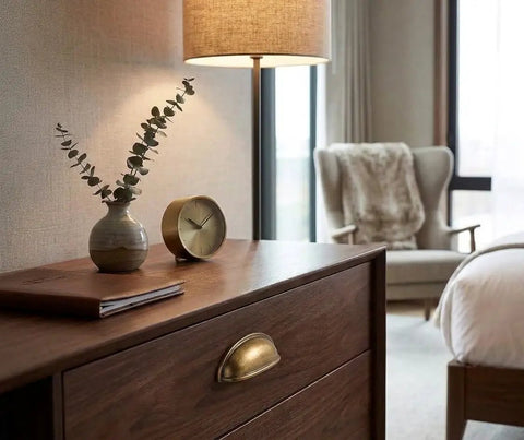 Three Inch Hole Center Antique Brass Cup Pulls Ten Pack Solid Metal Kitchen Cabinet Handles No Drama Install Bulletproof Durability Clean Lines Smart Home Choice Real Solid Pick For Your Place close-up on a wooden dresser with a brass cup pull.