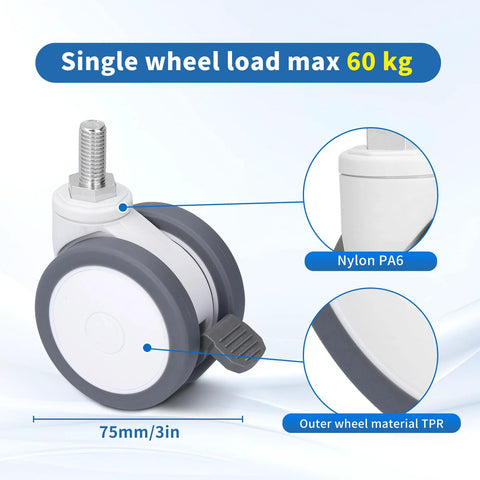 Desk Chair Wheels Replacement Noiseless Swivel Casters with Medical Rubber TPR, 75mm, aluminum, showing nylon and TPR details.