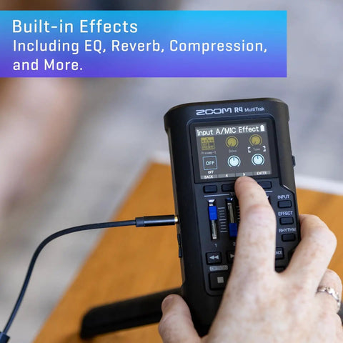 Close-up of Zoom R4 MultiTrak Recorder with built-in effects controls for Ready To Roll 32 Bit Float MultiTrak Recorder And Stereo Bouncing Bundle Featuring Podcast Dynamic Microphone Padded Headphones Heavy Duty Tripod Acoustic Windscreen And Xlr Cable For Tracking Like A Pro.