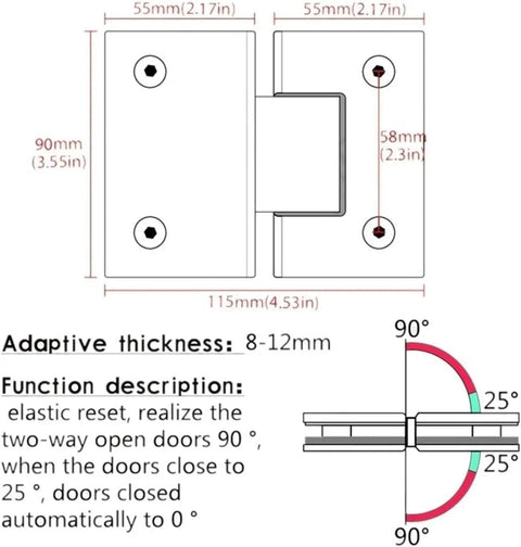 Detailed diagram of Rock Solid Heavy Duty Glass Shower Door Hinges, 2 Pack 180 Degree Pivot Clamps for 8 to 12 mm frameless glass.