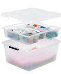 Clear 18 Qt Storage Organizer With Removable Dividers And Lid, Stackable Plastic Box For Crafts, Tools, Office And Pantry Gear, Customizable Tray And Compartments For Flexible Organization And Easy Access open with supplies visible