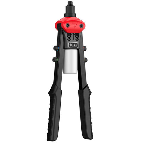 Boss Level Heavy Duty Manual Pop Rivet Gun Kit Featuring 200 Rugged Aluminum Rivets Plus Five Swap Out Nozzles, black and red handle, front view.