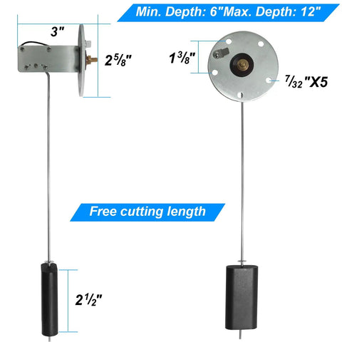 Built Tough Marine Fuel Sending Unit With Flexible Stainless Probe For Boat Gas Tank Sensor shows dimensions and cutting lengths.