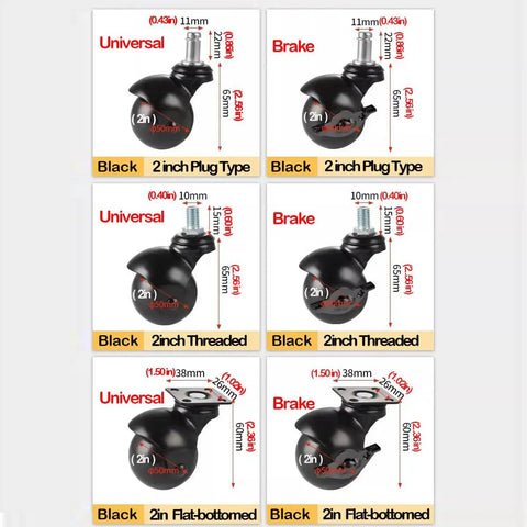 High Capacity Furniture Casters Wheels Set Of Four With Effortless Swivel Action And Reliable Rolling Lock Brake For Big Sturdy Sofas Couches And Wooden Tables Showing Classic Antique Roller Finish in black 2 inch. Set includes plug and threaded types.