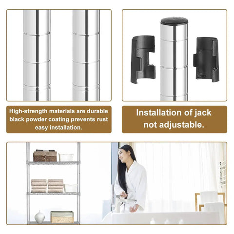 Super Rigged Five Tier Wire Shelving Rack Featuring 750 Pound Load Capacity Adjustable Heavy Duty Metal Storage Shelf Unit For Kitchen Office Garage Or Basement Work Flex System showing chrome legs and installation jack details.