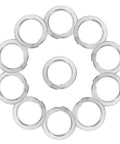 Top Shelf Stainless Steel Spring Lock Washers M8 100 Piece Set arranged in a circle, showing heavy-duty split washers for bolts.
