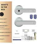 What's in the box for Slick Smart Keyless Entry Door Lock Featuring Lightning Fast Fingerprint Recognition, includes levers and hardware.