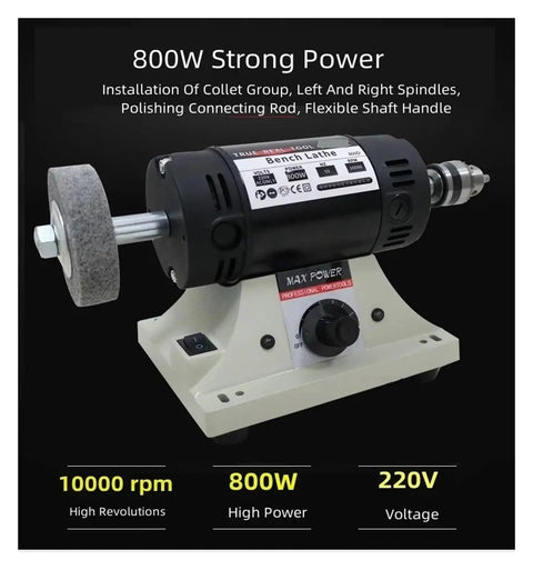 Heavy Duty 800W Bench Grinder With Variable Speed For Woodwork Jade Polishing And Precision Detail Work Flexible Shaft Kit Included For Hella Smooth Finishes Every Time, showing powerful motor and polishing wheel.