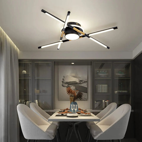 Industrial Sputnik Ceiling Light Fixture In Black And Gold Finish With Plug In Design And Adjustable LED Tubes, dining room view