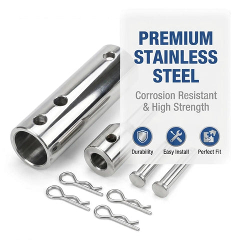 Rock Solid Two In One Trailer Jack Drill Adapter For One And Half Inch Drive Shafts Rust Resistant Stainless Steel Construction with pins.