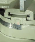 Close-up of miter gauge on 14 Inch Variable Speed Cold Saw With A Badass 3HP Direct Drive Motor for accurate angle cuts.