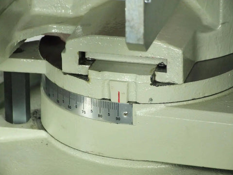 Close-up of miter gauge on 14 Inch Variable Speed Cold Saw With A Badass 3HP Direct Drive Motor for accurate angle cuts.