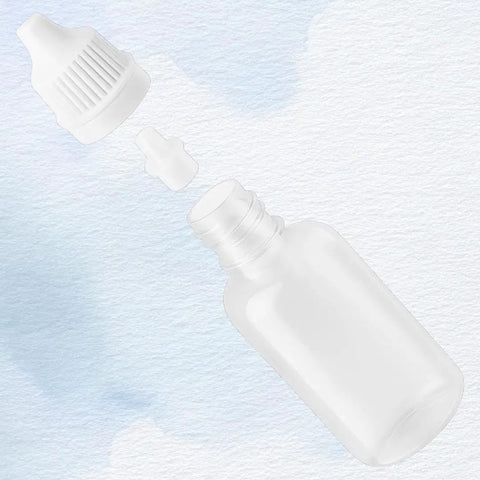 No Sweat Refills With This Five Piece Pack Featuring Four White 15ml Plastic Dropper Bottles Plus One Quick Pour Funnel designed for smooth eye drops.