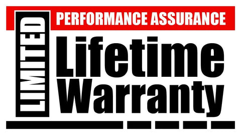 Image displaying 'Limited Performance Assurance Lifetime Warranty' text on a bold, red and black design.
