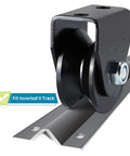 Four Pack V Groove Caster Two Point Five Inch Wheel Sliding Gate Wheel Rigid Caster For Rolling Gates And Fences Sawmill Use Heavy Duty Seven Hundred Seventy Two Pound Load Capacity Per Caster Ideal For Heavy Use In Outdoor Environments And Shop shown installed on V track
