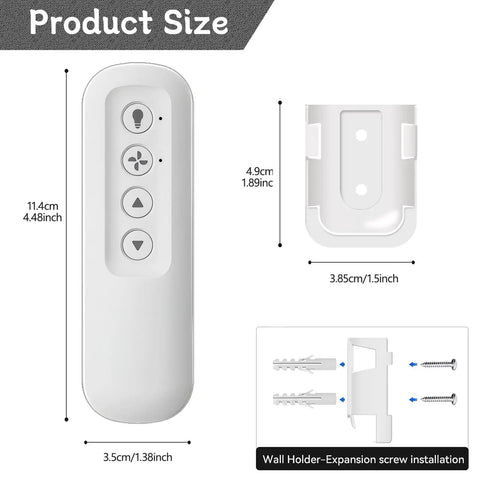 Ceiling Fan Remote Control Replacement with Wall Bracket, size dimensions shown, includes screw installation details.