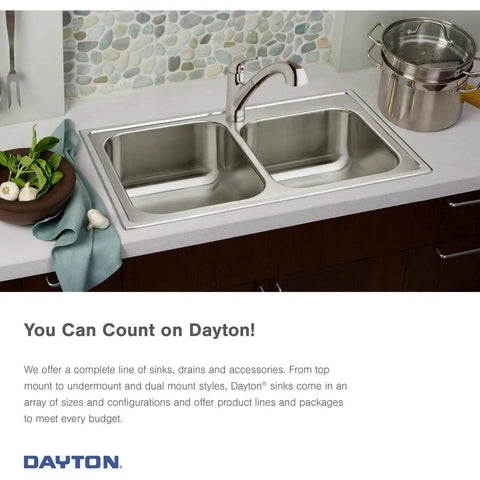 Stainless steel double sink in kitchen with faucet, featuring Dayton Single Bowl Drop In Stainless Steel Bar Sink 17 By 21 Inches 22 Gauge Pro Grade ADA Compliant Above Counter Installation Top Shelf Build With Easy Faucet Setup.