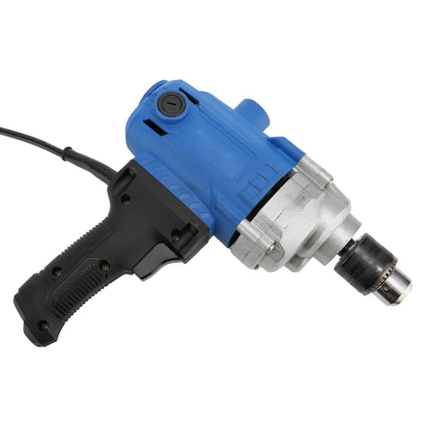 Heavy Duty Corded Mixing Drill With Six Speed Settings Up To Three Thousand Rpm Built Like A Real Workhorse side view with black grip and blue body.