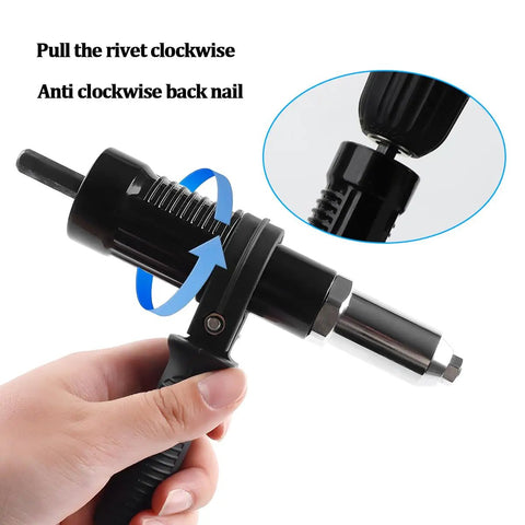 Cordless Car Rivet Gun Adapter Kit With 4 Rivet Heads showing clockwise rotation for rivet pulling.