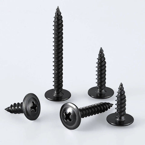 Pro Grade Heavy Duty Black Phillips Truss Head Wood Screws 400 Pack 8 By Half Inch Self Tapping Carbon Steel Fasteners in varied sizes.