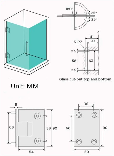 Hella Sturdy 90 Degree Wall To Glass Cabinet Hinges Replacement For Showers Closets Built Tough 304 Stainless Steel Rose Gold Bracket Kit 2 Pack technical drawing with measurements in millimeters.