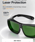 Close-up of black OD7+ laser safety glasses with green lenses blocking 800-1100nm light for fiber lasers and welding.