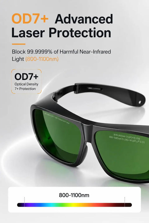 Close-up of black OD7+ laser safety glasses with green lenses blocking 800-1100nm light for fiber lasers and welding.
