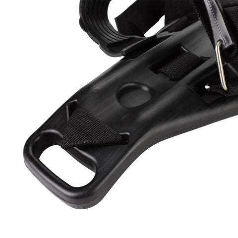 Close-up of Dive Ready Diving Tank Backpack For Scuba Gear Adjustable Tank Holder back plate with strap loops and metal ring.