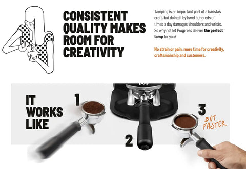 Pro Automatic Espresso Tamper demonstrating its use on espresso grounds, sleek matte black design, quick pressure application.