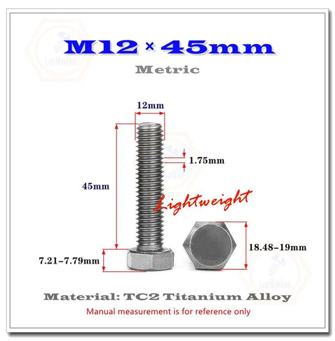 Straight Up Badass TA2 Pure Titanium Hex Bolts M12 X 45mm Heavy Duty Fasteners with dimensions displayed.