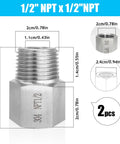 Two Pack One Half Inch NPT Female To One Half Inch NPT Male Reducer Fittings Stainless Steel 304 Water Pipe Adapter diagram
