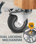 Heavy Duty 3 Inch Swivel Caster Wheels Equipped With Lock Down Dual Brakes And Roll Smooth Gray Rubber Tires For Tough Furniture Cart Dolly And Workbench Builds, showing dual locking mechanism.