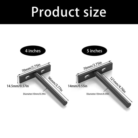 Two Pack Heavy Duty Floating Shelf Brackets rustproof wall shelf hardware showing 4 and 5-inch size measurements.