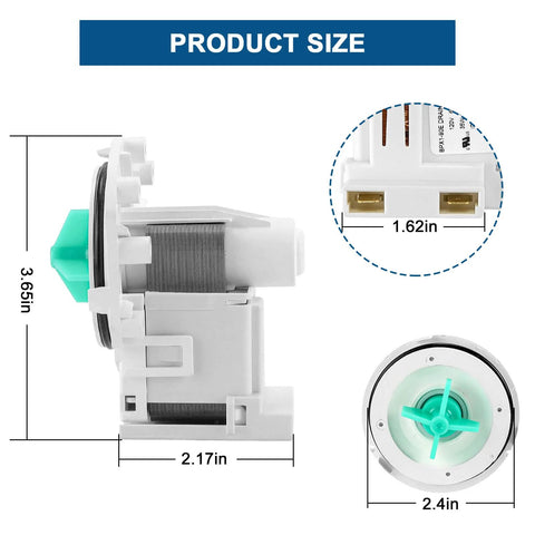 White dishwasher drain pump assembly with green impeller; side view of compact plastic unit.